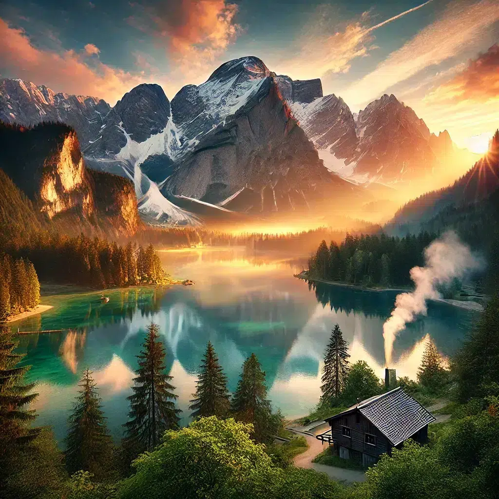 "Realistična fotografija mirnog planinskog krajolika pri izlasku sunca, s kristalno čistim jezerom koje odražava zlatne zrake sunca, okruženog snježnim vrhovima i bujnim šumama."